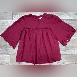 Cat & Jack Burgundy Red Eyelet 3/4 Sleeve Top Girl’s Size 7 8